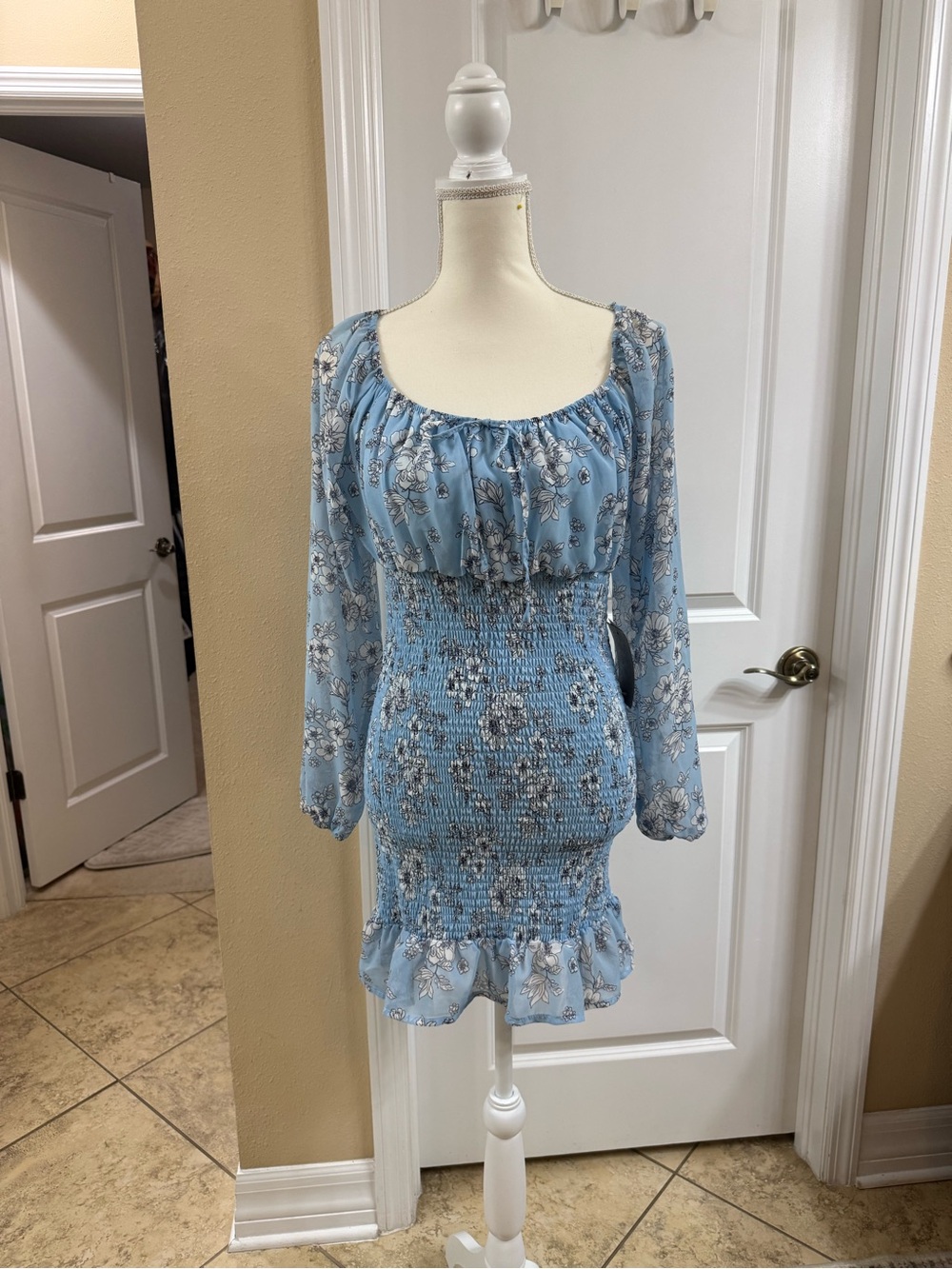 Light Blue Floral Smocked Mini Dress